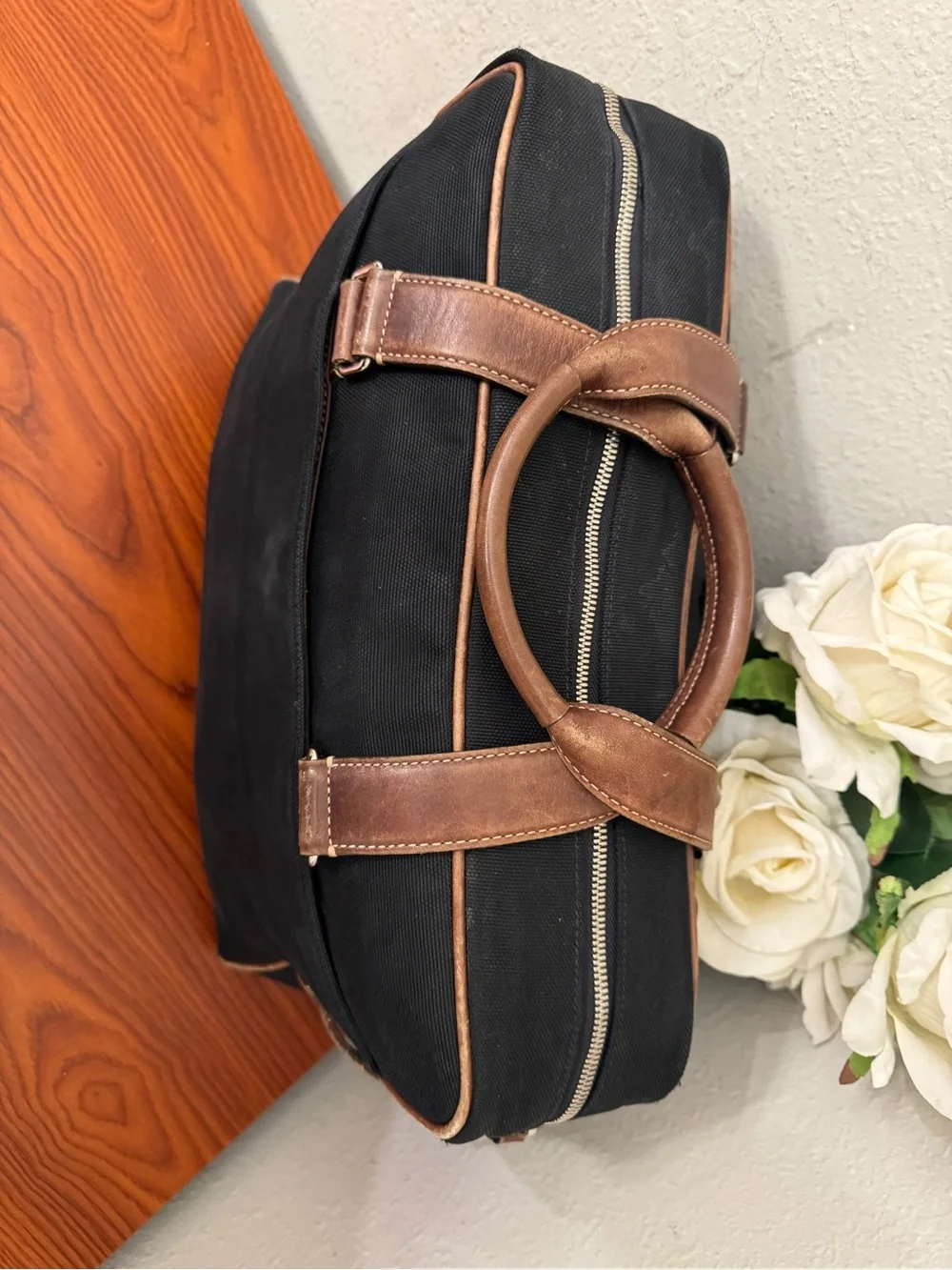 Coach Black Canvas Briefcase with Brown Leather Trim